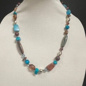 Glass Stone Acrylic Blue Brown Silver 12”  Necklace
